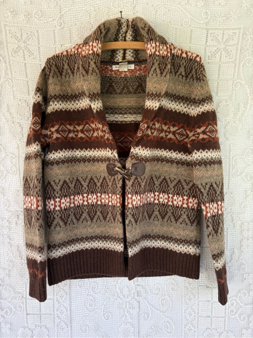 Vintage Wool Patterned Shawl Collar Cardigan Sweater - Brown/Tan